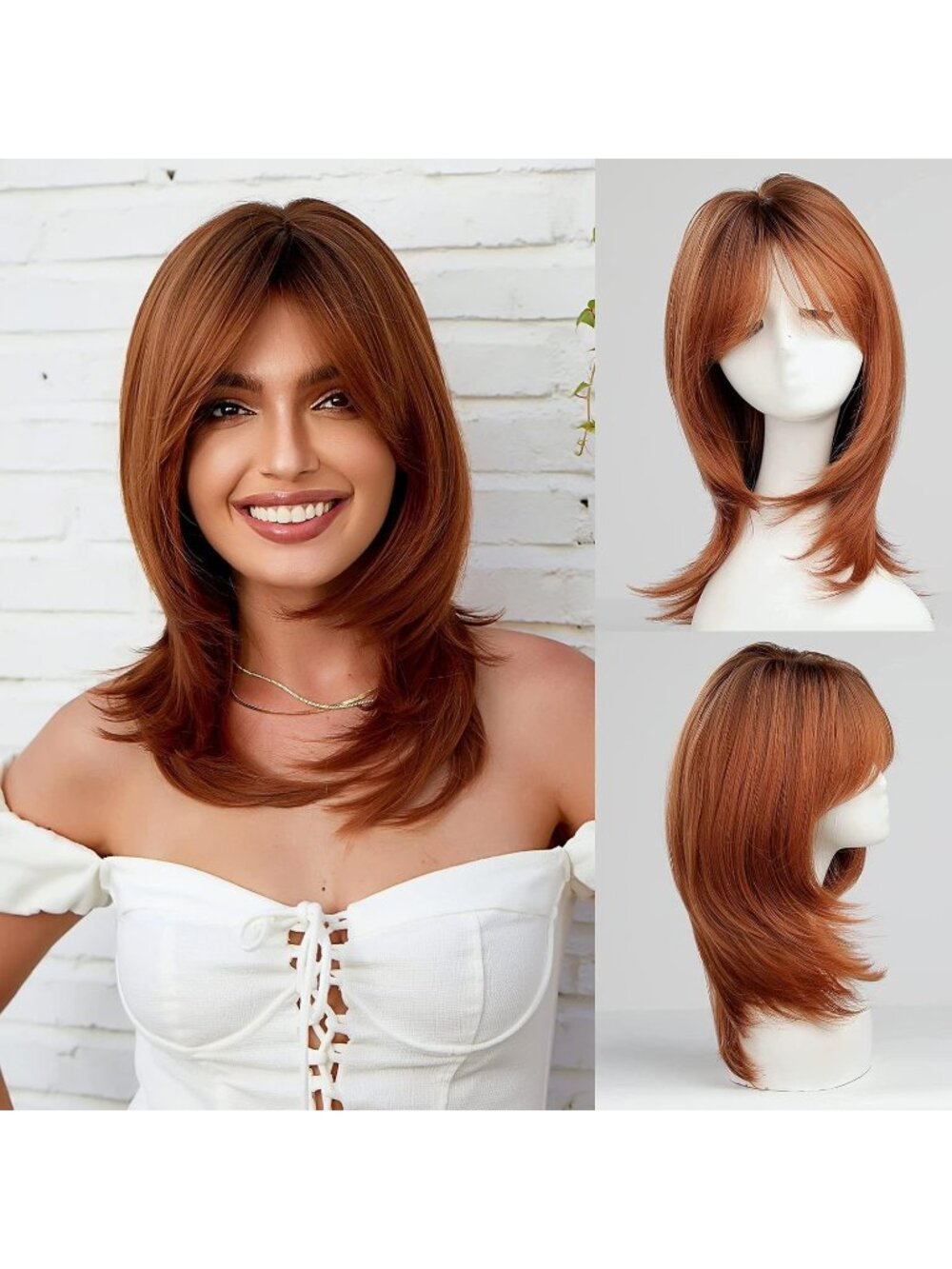 Women Auburn Heat Resistant Long Curly Shoulder Length Synthetic Wigs